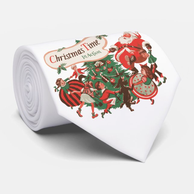 Vintage Christmas Santa Claus and Dancing Children Tie (Rolled)