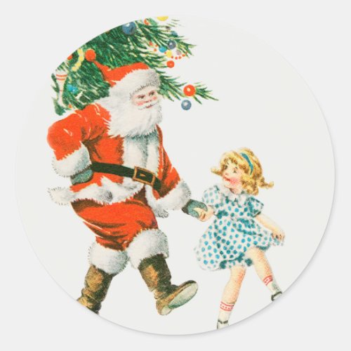 Vintage Christmas Santa Claus and Little Girl Classic Round Sticker