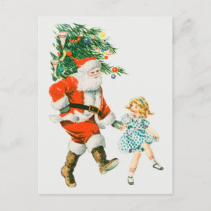 Vintage Christmas Santa Claus and Little Girl Holiday Postcard