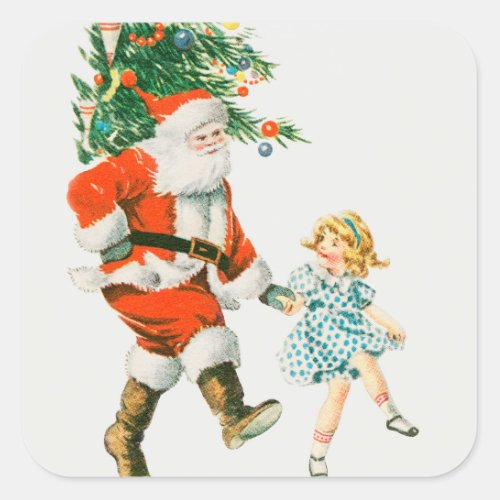 Vintage Christmas Santa Claus and Little Girl Square Sticker