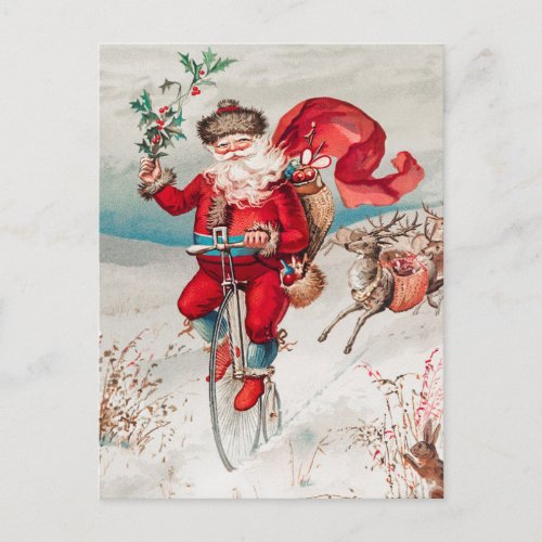 Vintage Christmas Santa Claus Bicycle Reindeer Postcard