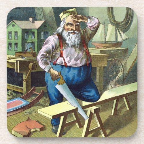 Vintage Christmas Santa Claus Building Toys Saw Beverage Coaster