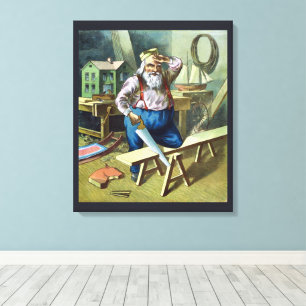 Vintage Christmas, Santa Claus Building Toys Saw Canvas Print