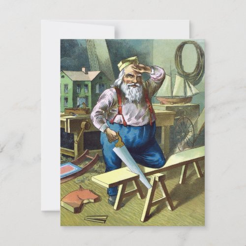 Vintage Christmas Santa Claus Building Toys Saw Holiday Card