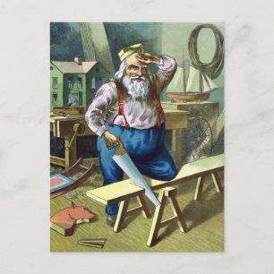 Vintage Christmas, Santa Claus Building Toys Saw Holiday Postcard