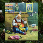 Vintage Christmas, Santa Claus Building Toys Saw Poster<br><div class="desc">Vintage illustration Merry Christmas holiday design featuring a page from the book Santa Claus and His Works. Published by McLoughlin Brothers in 1889. The story tells of Santa's work making toys for all the good little boys and girls around the world. This Victorian Era image shows an old, jolly Saint...</div>