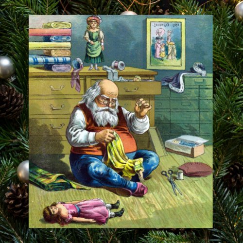 Vintage Christmas Santa Claus Building Toys Saw Poster