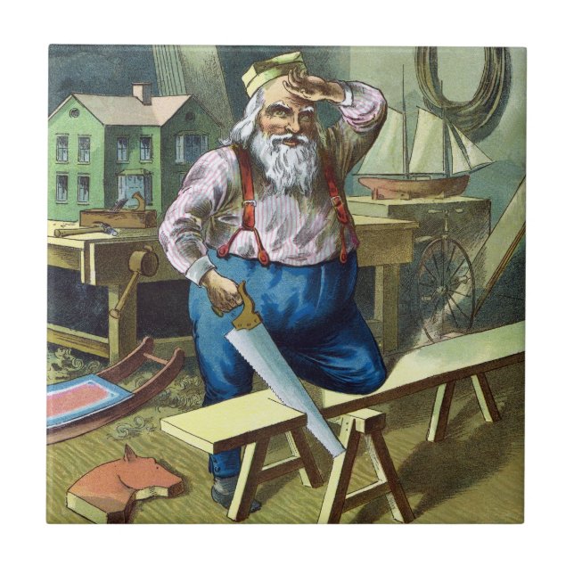 Vintage Christmas, Santa Claus Building Toys Saw Tile (Front)