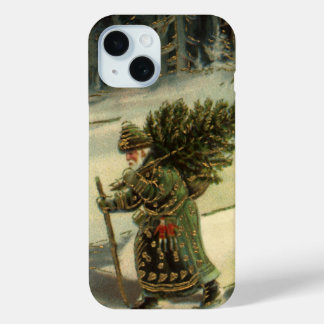 Vintage Christmas, Santa Claus Carrying a Tree iPhone 15 Case
