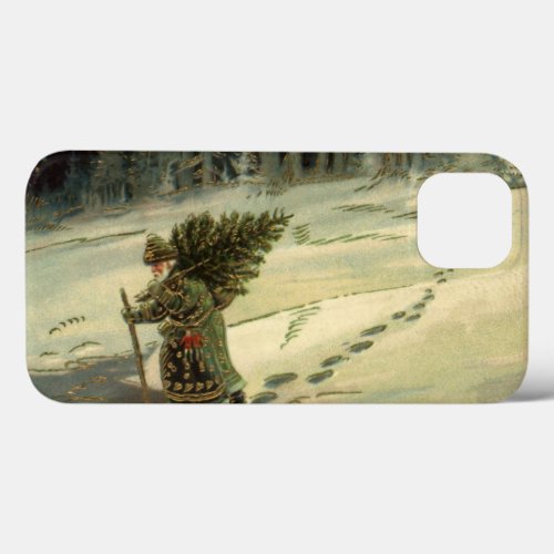 Vintage Christmas Santa Claus Carrying a Tree iPhone 13 Case