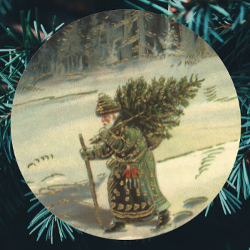 Vintage Christmas  Santa Claus Carrying A Tree Classic Round Sticker by ChristmasCafe at Zazzle