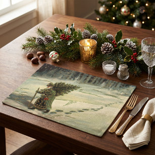Vintage Christmas, Santa Claus Carrying a Tree Cloth Placemat