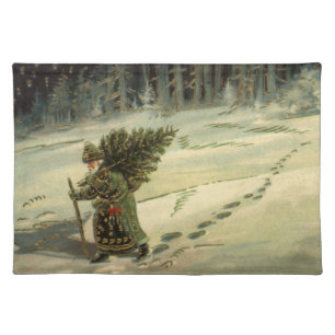 Vintage Christmas, Santa Claus Carrying a Tree Cloth Placemat