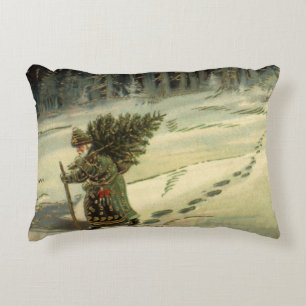 Vintage Christmas, Santa Claus Carrying a Tree Decorative Pillow