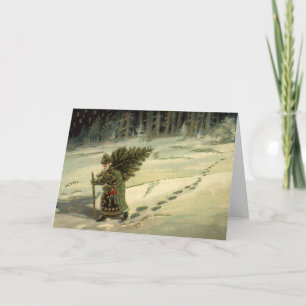 Vintage Christmas, Santa Claus Carrying a Tree Holiday Card