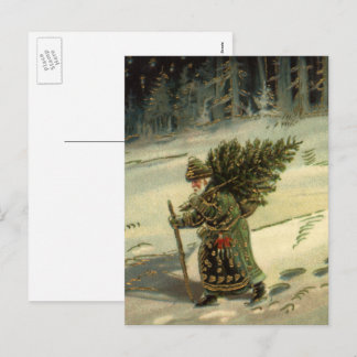 Vintage Christmas, Santa Claus Carrying a Tree Holiday Postcard