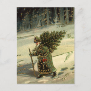 Vintage Christmas, Santa Claus Carrying a Tree Holiday Postcard