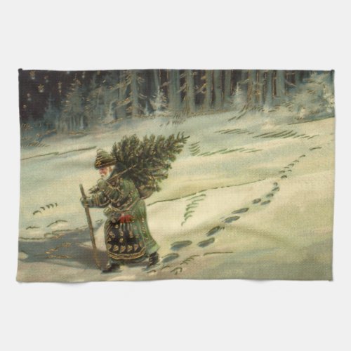 Vintage Christmas Santa Claus Carrying a Tree Kitchen Towel