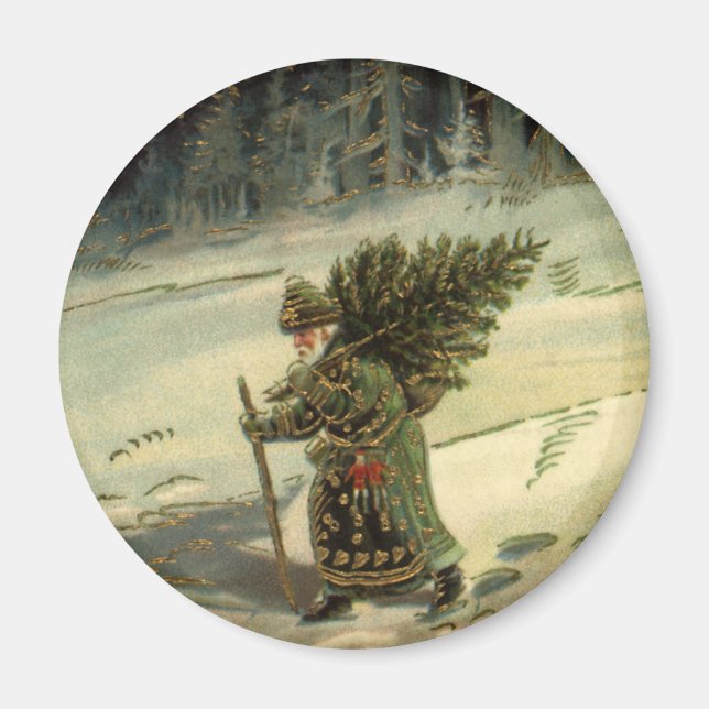 Vintage Christmas, Santa Claus Carrying a Tree Magnet (Front)