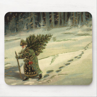 Vintage Christmas, Santa Claus Carrying a Tree Mouse Pad