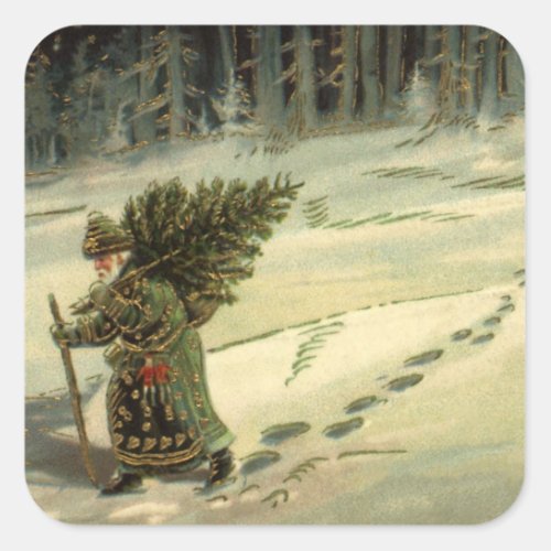 Vintage Christmas Santa Claus Carrying a Tree Square Sticker