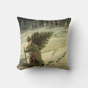 Vintage Christmas, Santa Claus Carrying a Tree Throw Pillow