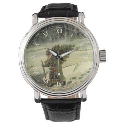 Vintage Christmas Santa Claus Carrying a Tree Watch