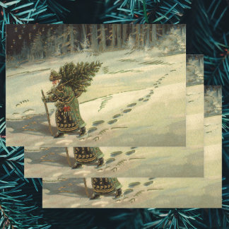 Vintage Christmas, Santa Claus Carrying a Tree Wrapping Paper Sheets