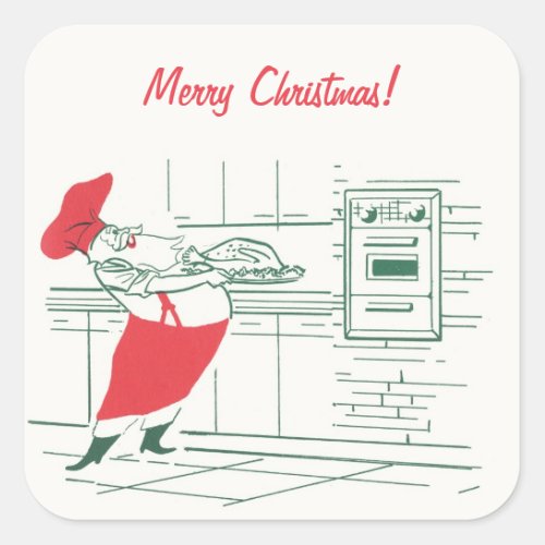 Vintage Christmas Santa Claus Chef and Turkey Square Sticker