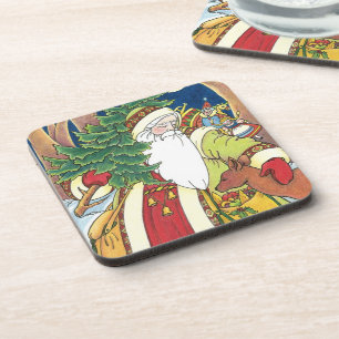 Vintage Christmas, Santa Claus Deer in Forest Beverage Coaster