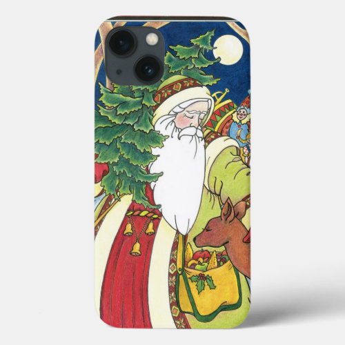 Vintage Christmas Santa Claus Deer in Forest iPhone 13 Case