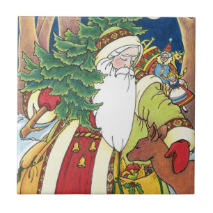 Vintage Christmas, Santa Claus Deer in Forest Ceramic Tile