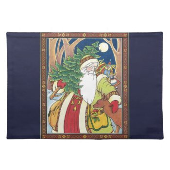Vintage Christmas  Santa Claus Deer In Forest Cloth Placemat by ChristmasCafe at Zazzle
