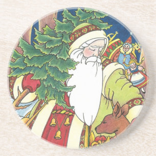 Vintage Christmas, Santa Claus Deer in Forest Coaster