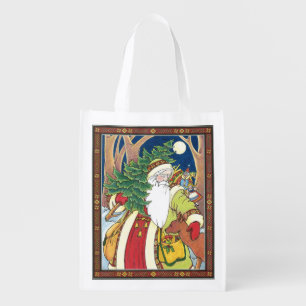 Vintage Christmas, Santa Claus Deer in Forest Grocery Bag