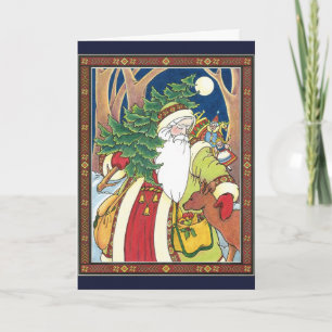 Vintage Christmas, Santa Claus Deer in Forest Holiday Card