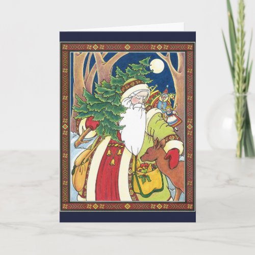 Vintage Christmas Santa Claus Deer in Forest Holiday Card