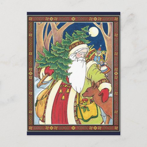 Vintage Christmas Santa Claus Deer in Forest Holiday Postcard