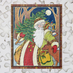 Vintage Christmas, Santa Claus Deer in Forest Jigsaw Puzzle