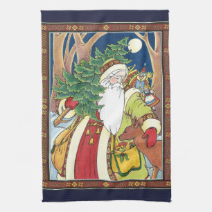Vintage Christmas, Santa Claus Deer in Forest Kitchen Towel