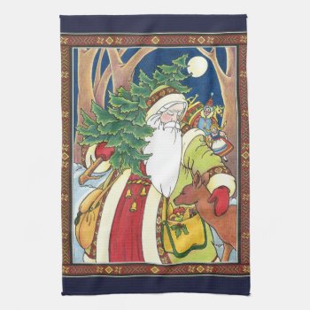 Vintage Christmas  Santa Claus Deer In Forest Kitchen Towel by ChristmasCafe at Zazzle