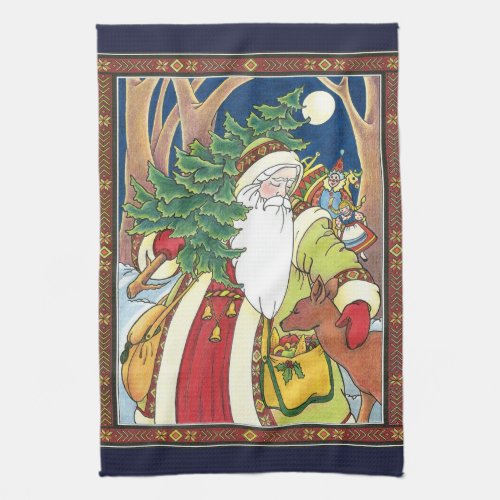 Vintage Christmas Santa Claus Deer in Forest Kitchen Towel