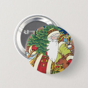 Vintage Christmas, Santa Claus Deer in Forest Pinback Button