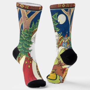 Vintage Christmas, Santa Claus Deer in Forest Socks