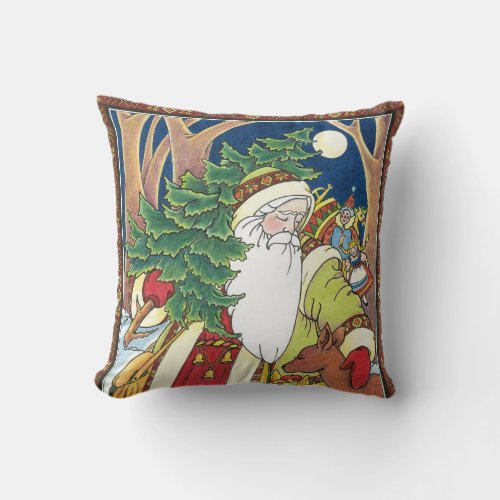 Vintage Christmas Santa Claus Deer in Forest Throw Pillow