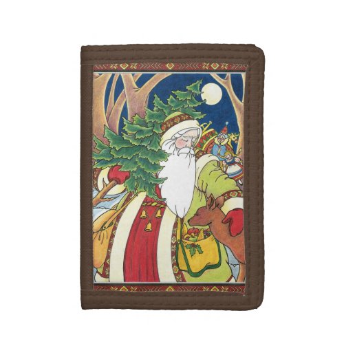 Vintage Christmas Santa Claus Deer in Forest Tri_fold Wallet