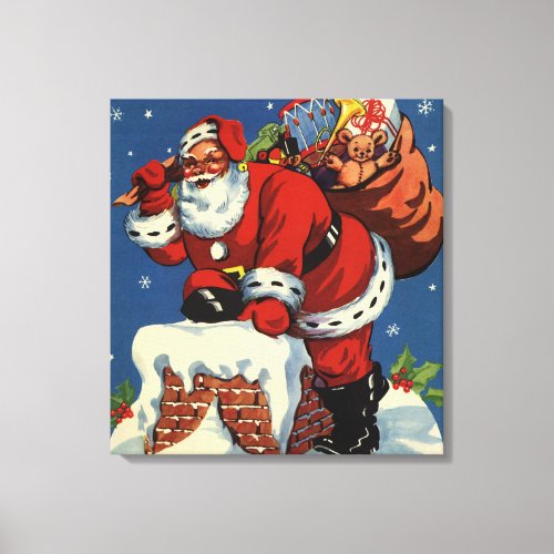 Vintage Christmas Santa Claus Down Chimney w Toys Canvas Print