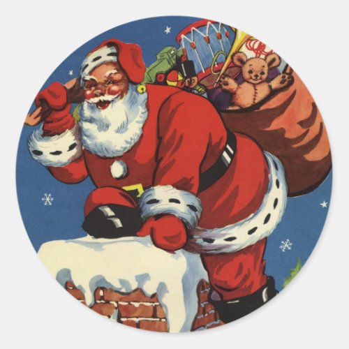 Vintage Christmas Santa Claus Down Chimney w Toys Classic Round Sticker