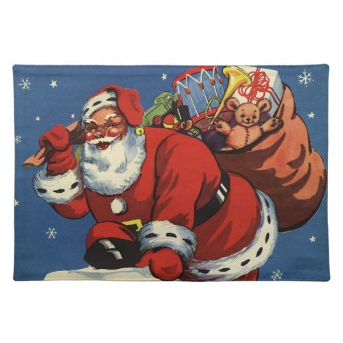 Vintage Christmas Santa Claus Down Chimney w Toys Cloth Placemat