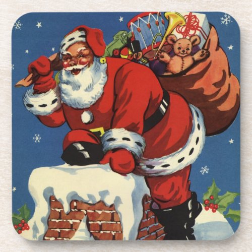 Vintage Christmas Santa Claus Down Chimney w Toys Coaster